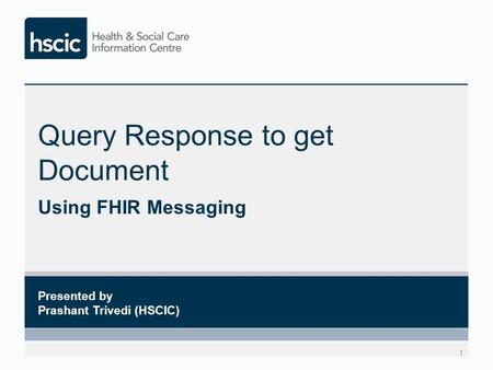 Query Response to get Document Using FHIR Messaging 1 Presented by Prashant Trivedi (HSCIC)