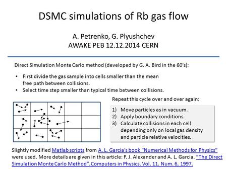 DSMC simulations of Rb gas flow A. Petrenko, G. Plyushchev AWAKE PEB 12.12.2014 CERN Direct Simulation Monte Carlo method (developed by G. A. Bird in the.