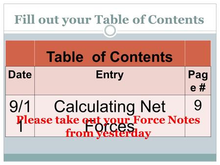 Fill out your Table of Contents Table of Contents DateEntryPag e # 9/1 1 Calculating Net Forces 9 Please take out your Force Notes from yesterday.
