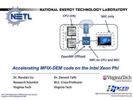 NETL 2014 Workshop on Multiphase Flow Science August 5-6, 2014, Morgantown, WV Accelerating MFIX-DEM code on the Intel Xeon Phi Dr. Handan Liu Dr. Danesh.