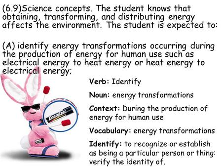 (6.9)Science concepts. The student knows that obtaining, transforming, and distributing energy affects the environment. The student is expected to: (A)