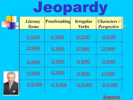 Jeopardy Literary Terms ProofreadingIrregular Verbs Characters / Perspective Q $200 Q $400 Q $600 Q $800 Q $1000 Q $200 Q $400 Q $600 Q $800 Q $1000 Jeopardy.