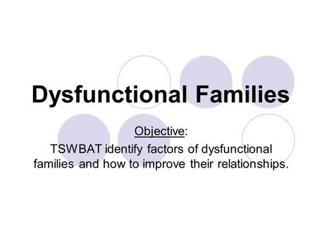 Dysfunctional Families Objective: TSWBAT identify factors of dysfunctional families and how to improve their relationships.