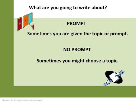 Sometimes you might choose a topic. What are you going to write about? icon Sometimes you are given the topic or prompt. PROMPT NO PROMPT National RtI.