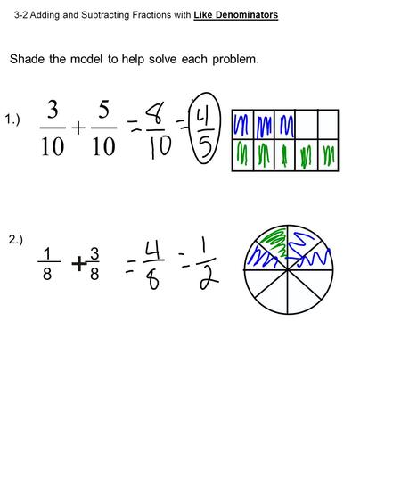 ) Shade the model to help solve each problem. 2.)