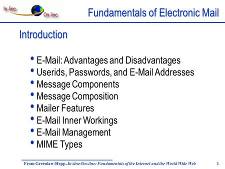 Fundamentals of Electronic Mail From Greenlaw/Hepp, In-line/On-line: Fundamentals of the Internet and the World Wide Web 1 Introduction E-Mail: Advantages.