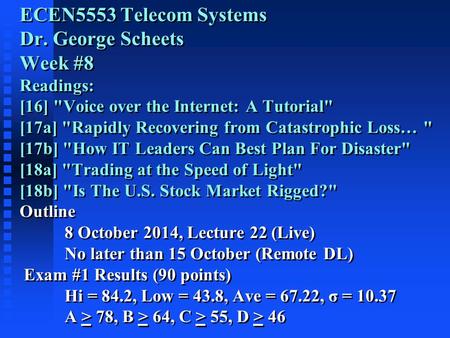 ECEN5553 Telecom Systems Dr. George Scheets Week #8 Readings: [16] Voice over the Internet: A Tutorial [17a] Rapidly Recovering from Catastrophic Loss…