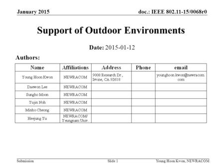 Doc.: IEEE 802.11-15/0068r0 SubmissionSlide 1Young Hoon Kwon, NEWRACOM January 2015 Support of Outdoor Environments Date: 2015-01-12 Authors: