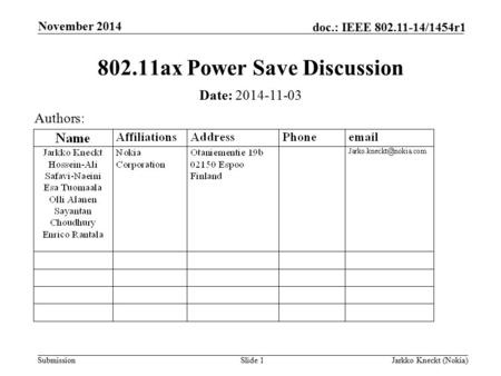 Submission doc.: IEEE 802.11-14/1454r1 November 2014 Jarkko Kneckt (Nokia)Slide 1 802.11ax Power Save Discussion Date: 2014-11-03 Authors:
