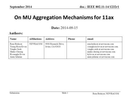 Doc.: IEEE 802.11-14/1232r1 Submission September 2014 Reza Hedayat, NEWRACOM On MU Aggregation Mechanisms for 11ax Date: 2014-09-15 Authors: Slide 1 NameAffiliationsAddressPhoneemail.