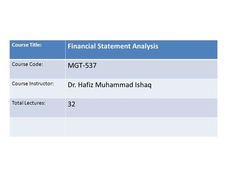 Financial Statement Analysis MGT-537 Dr. Hafiz Muhammad Ishaq 32