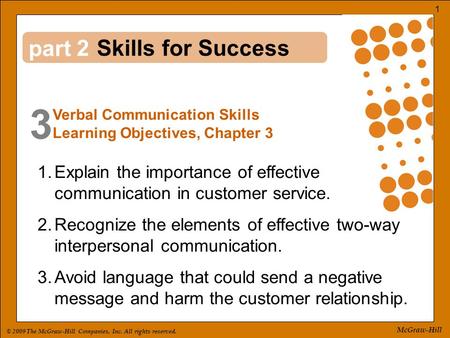 © 2009 The McGraw-Hill Companies, Inc. All rights reserved. 1 McGraw-Hill part 3 2 1.Explain the importance of effective communication in customer service.