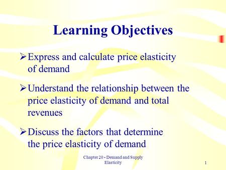 Chapter 20 - Demand and Supply Elasticity1 Learning Objectives  Express and calculate price elasticity of demand  Understand the relationship between.