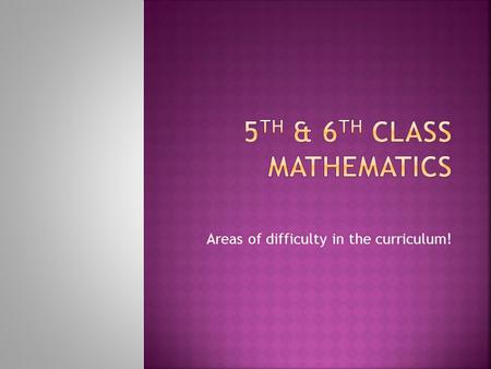 Areas of difficulty in the curriculum!.  1. Number  2. Algebra  3. Shape and Space  4. Measures  5. Data.