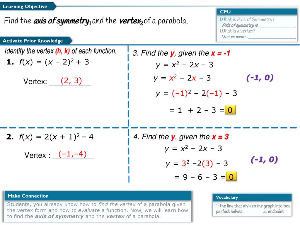 Find The Axis Of Symmetry 1 And The Vertex 2 Of A Parabola Ppt Download