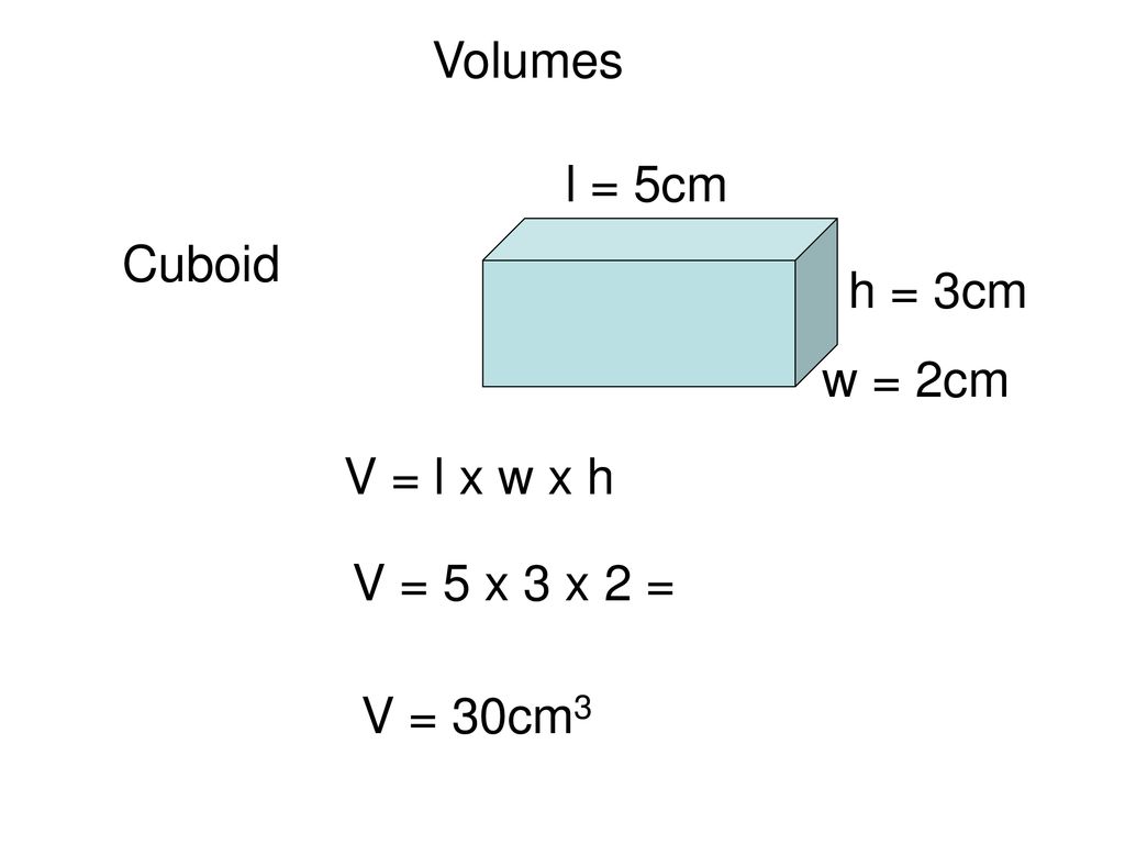 Volumes L 5cm Cuboid H 3cm W 2cm V L X W X H V 5 X 3 X 2 Ppt Download