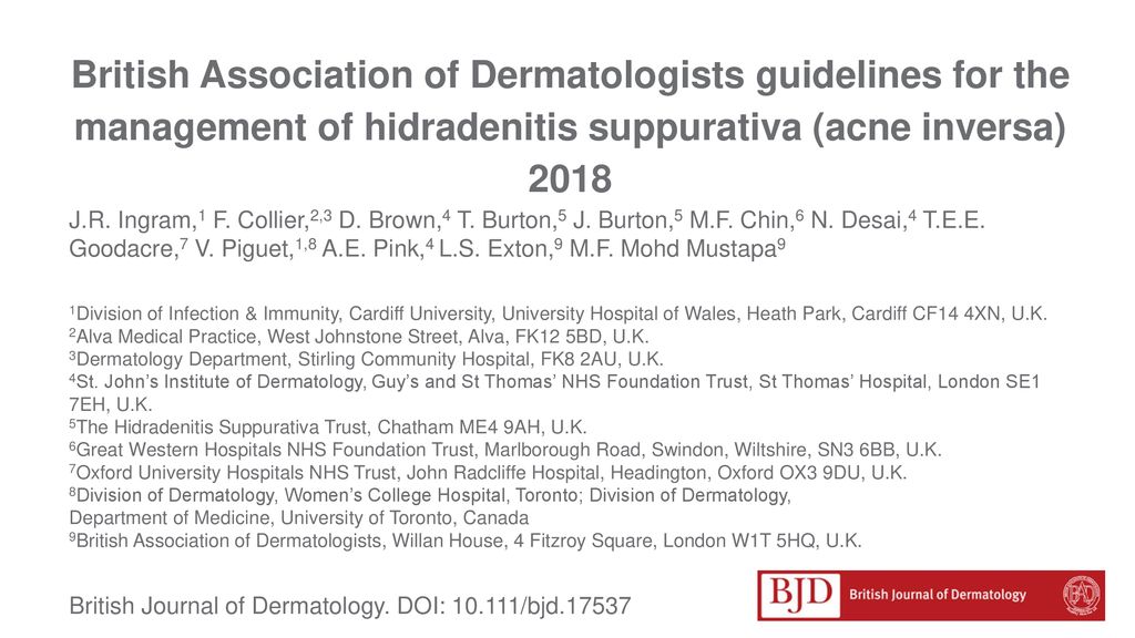 British Association Of Dermatologists Guidelines For The Management Of Hidradenitis Suppurativa Acne Inversa 18 J R Ingram 1 F Collier 2 3 D Brown 4 Ppt Download