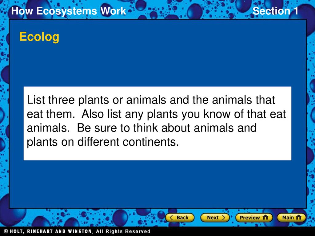 Ecolog List three plants or animals and the animals that eat them. Also list  any plants you know of that eat animals. Be sure to think about animals. -  ppt download