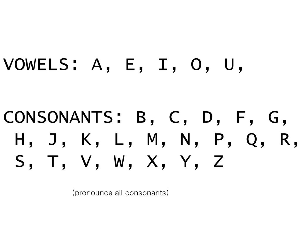 Vowels A E I O U Consonants B C D F G H J K L M N P Q R S T V W X Y Z Pronounce All Consonants