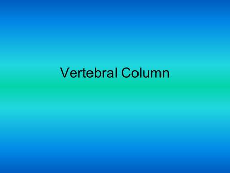 Vertebral Column. Part of the axial skeleton Consists of 26 irregular bones 24 vertebrae, sacrum, coccyx Vertebral column divisions –Cervical C1-C7 –Thoracic.