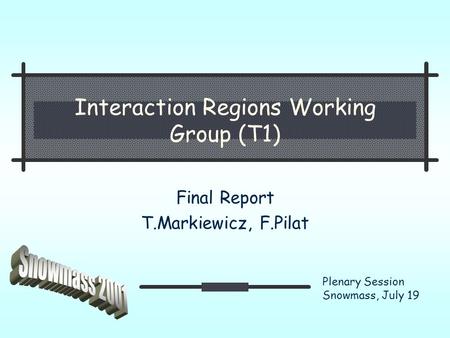 Interaction Regions Working Group (T1) Final Report T.Markiewicz, F.Pilat Plenary Session Snowmass, July 19.