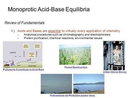 Monoprotic Acid-Base Equilibria Review of Fundamentals 1.)Acids and Bases are essential to virtually every application of chemistry  Analytical procedures.