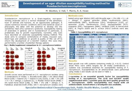 Development of an agar dilution susceptibility testing method for Fusobacterium mecrophorum M. Wootton, V. Hall, T. Morris, R. A. Howe Introduction Fusobacterium.