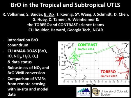 BrO in the Tropical and Subtropical UTLS -Introduction BrO conundrum -CU AMAX-DOAS (BrO, IO, NO 2, H 2 O, O 4 ) & data status -Robustness of NO 2 and BrO.