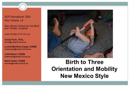 Birth to Three Orientation and Mobility New Mexico Style AER International O&M New Orleans, LA New Mexico School for the Blind and Visually Impaired www.nmsbvi.k12.nm.us.