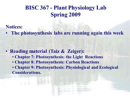 Plant Biology Fall 2006 BISC 367 - Plant Physiology Lab Spring 2009 Notices: The photosynthesis labs are running again this week Reading material (Taiz.