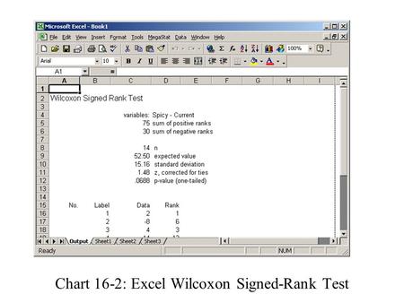 Enter dataClick MegaStat Click Nonparametric Tests Click Wilcoxon Signed-Rank Test Input Column A data in Group 1 Input Column B data in Group 2 Select.
