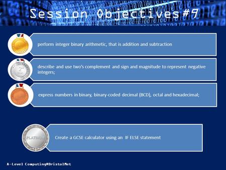 A-Level Computing#BristolMet Session Objectives#9 express numbers in binary, binary-coded decimal (BCD), octal and hexadecimal; describe and use two’s.