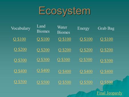 Ecosystem Vocabulary Land Biomes Water Biomes EnergyGrab Bag Q $100 Q $200 Q $300 Q $400 Q $500 Q $100 Q $200 Q $300 Q $400 Q $500 Final Jeopardy.