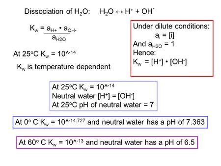 Dissociation of H 2 O:H 2 O ↔ H + + OH - K w = a H+ a OH- a H2O Under dilute conditions: a i = [i] And a H2O = 1 Hence: K w = [H + ] [OH - ] At 25 o C.