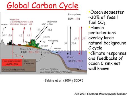 Global Carbon Cycle Sabine et al. (2004) SCOPE Ocean sequester ~30% of fossil fuel CO 2 Human perturbations overlay large natural background C cycle Climate.