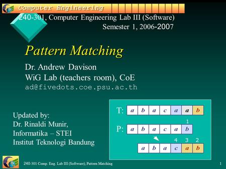 240-301 Comp. Eng. Lab III (Software), Pattern Matching1 Pattern Matching Dr. Andrew Davison WiG Lab (teachers room), CoE 240-301,