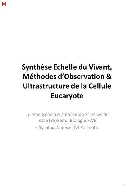 Synthèse Echelle du Vivant, Méthodes d’Observation & Ultrastructure de la Cellule Eucaryote 5-ième Générale / Transition Sciences de Base (3P/Sem.) Biologie.