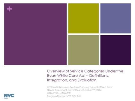 + Overview of Service Categories Under the Ryan White Care Act – Definitions, Integration, and Evaluation HIV Health & Human Services Planning Council.