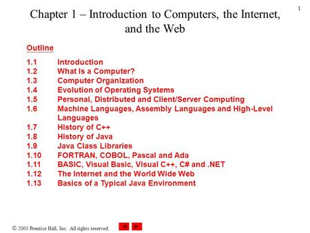  2003 Prentice Hall, Inc. All rights reserved. 1 Chapter 1 – Introduction to Computers, the Internet, and the Web Outline 1.1 Introduction 1.2 What Is.