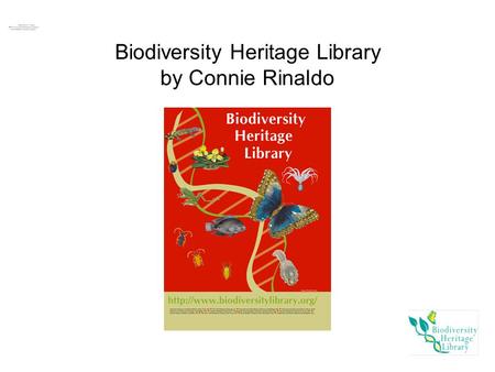 Biodiversity Heritage Library by Connie Rinaldo. Overview History EOL/BHL: WHY? Members/Collaborators Process Governance Sustainability: Legal and Financial.