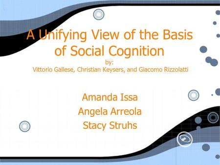 A Unifying View of the Basis of Social Cognition by: Vittorio Gallese, Christian Keysers, and Giacomo Rizzolatti Amanda Issa Angela Arreola Stacy Struhs.