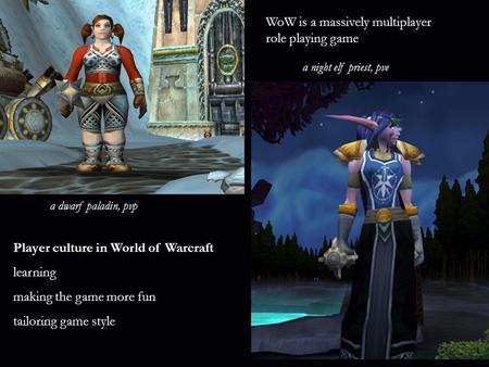 A night elf priest, pve a dwarf paladin, pvp Player culture in World of Warcraft learning making the game more fun tailoring game style WoW is a massively.
