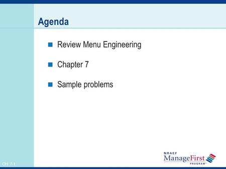 Agenda Review Menu Engineering Chapter 7 Sample problems.