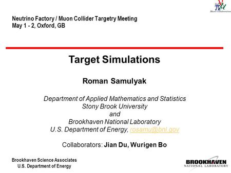Brookhaven Science Associates U.S. Department of Energy Neutrino Factory / Muon Collider Targetry Meeting May 1 - 2, Oxford, GB Target Simulations Roman.