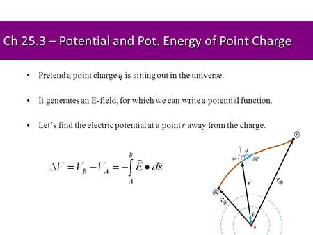Ch 25.3 – Potential and Pot. Energy of Point Charge Pretend a point charge q is sitting out in the universe. It generates an E-field, for which we can.