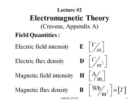 reinisch_85.5111 Lecture #2 Electromagnetic Theory (Cravens, Appendix A)