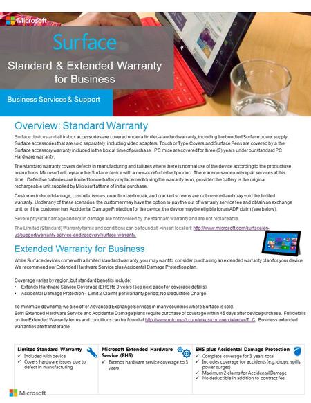 Standard & Extended Warranty for Business Business Services & Support Overview: Standard Warranty Surface devices and all in-box accessories are covered.