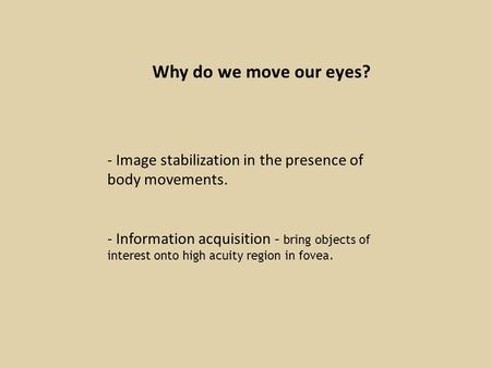 Why do we move our eyes? - Image stabilization in the presence of body movements. - Information acquisition - bring objects of interest onto high acuity.