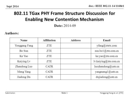 Doc.: IEEE 802.11-14/1168r1 Sept 2014 Submission Yonggang Fang et. al. (ZTE) 802.11 TGax PHY Frame Structure Discussion for Enabling New Contention Mechanism.