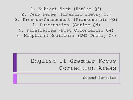 English 11 Grammar Focus Correction Areas Second Semester 1. Subject-Verb (Hamlet Q3) 2. Verb-Tense (Romantic Poetry Q3) 3. Pronoun-Antecedent (Frankenstein.